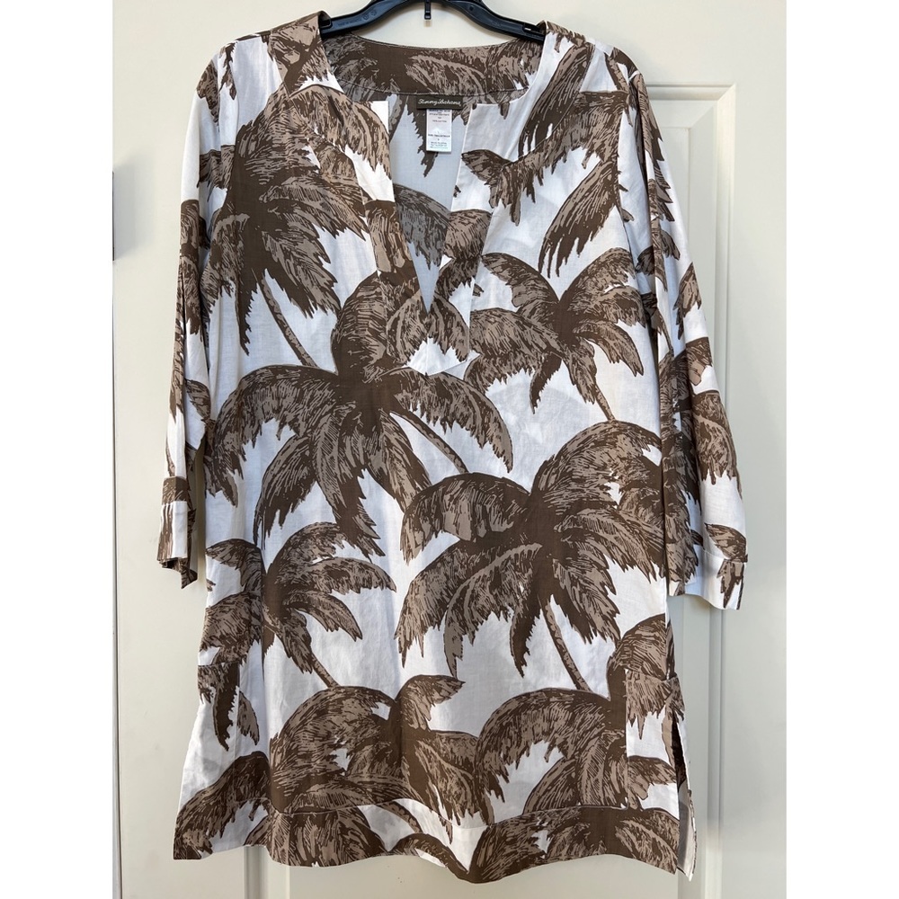 Tommy Bahama Palm Tree Print Tunic Brown White Quarter Sleeve Size Small